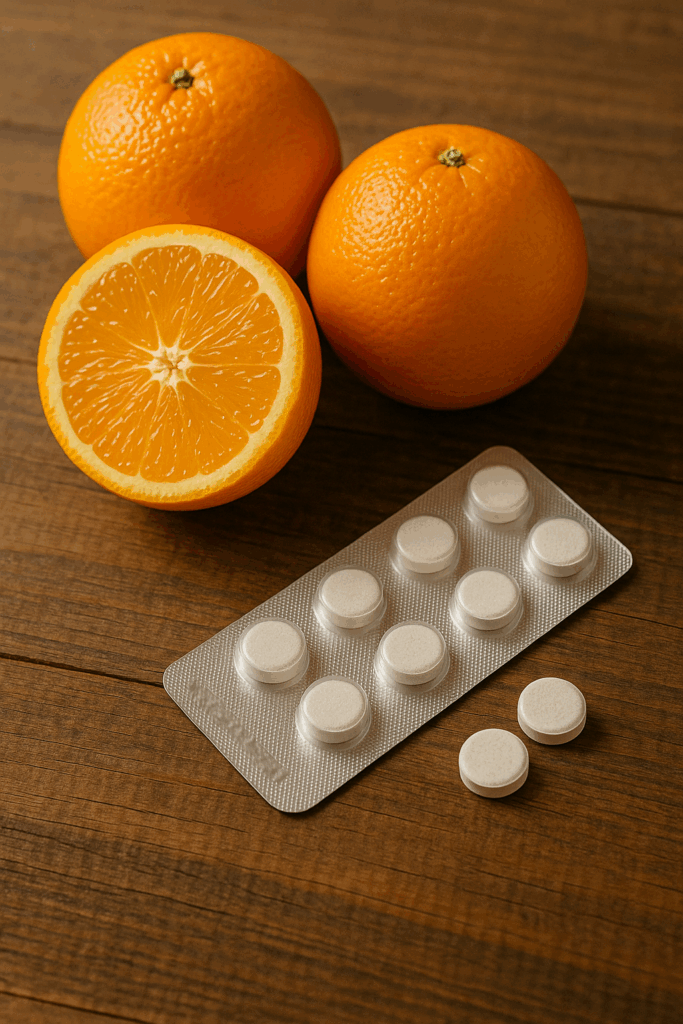 fresh oranges and vitamin C tablets to boost immune system over 40