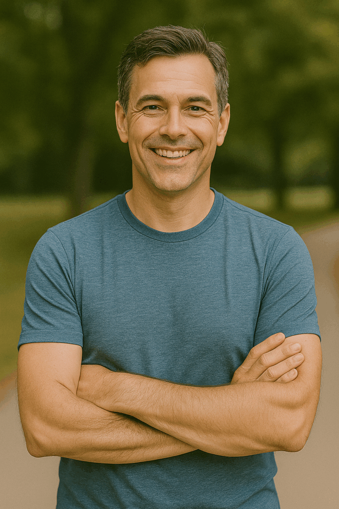 man smiling confidently representing positive mindset after 40