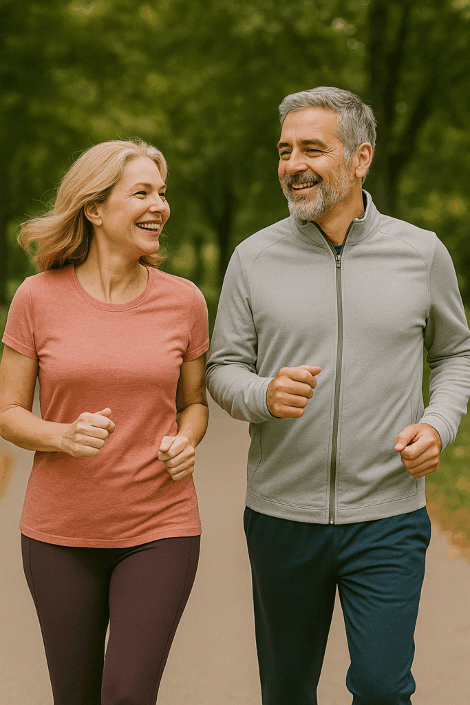 happy middle-aged couple jogging outdoors symbolising healthy lifestyle over 40
