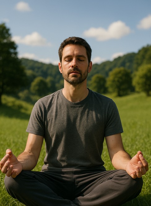 man meditating outdoors reducing stress to boost immune system over 40