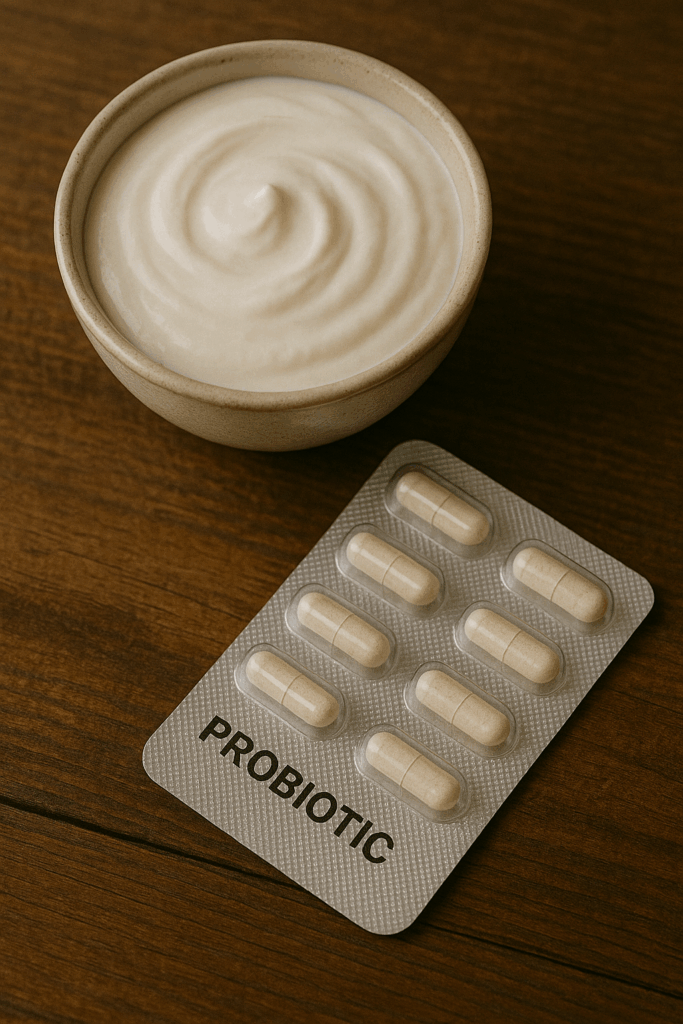 probiotic capsules and yoghurt bowl representing gut health