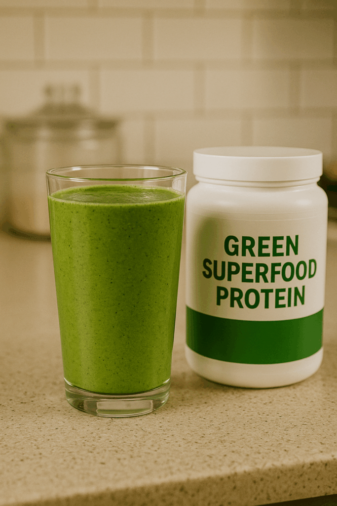 green superfood protein smoothie on kitchen counter